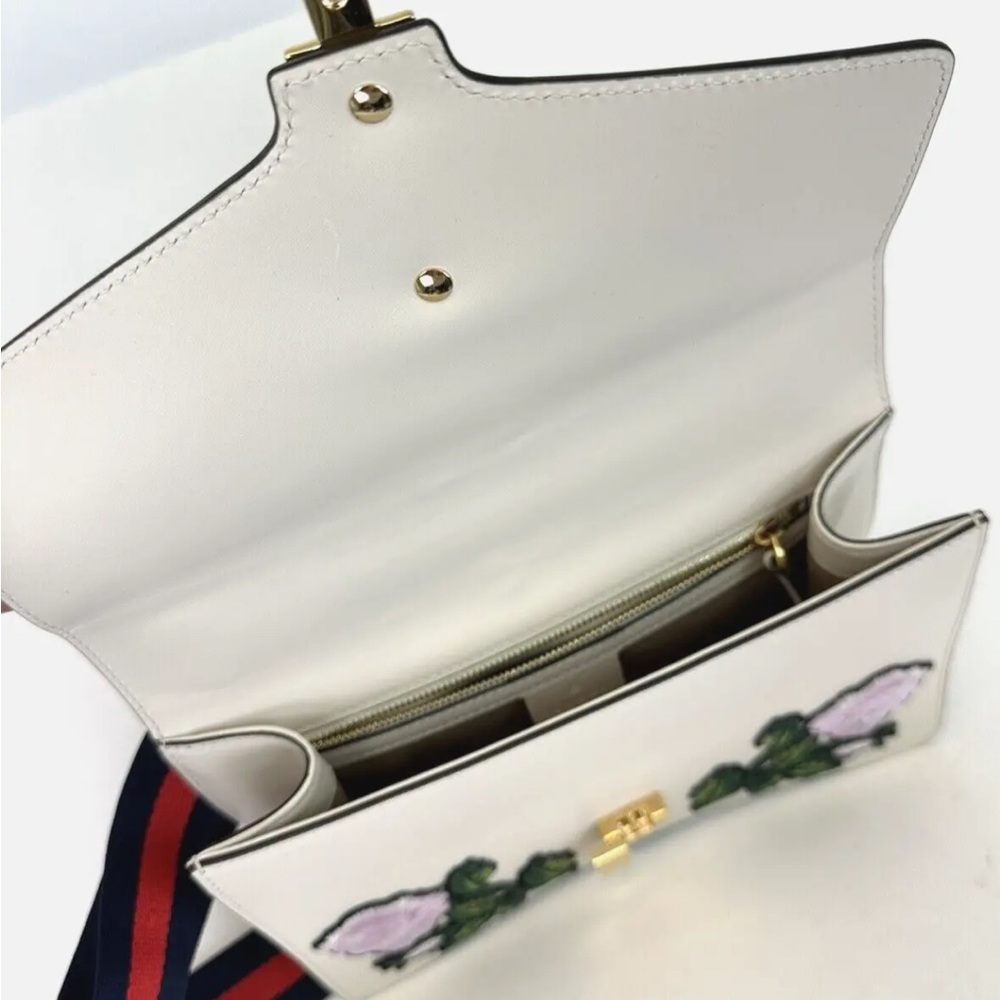 SOLD-Gucci Sylvie Leather Shoulder Bag White Embroidered Web Strap 10"x6.5" - Picture 14 of 15